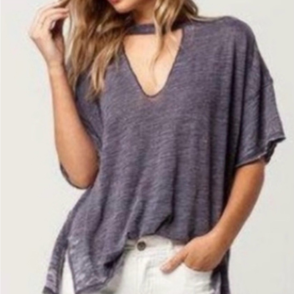 We The Free Free People Jordan Charcoal/Blue Short Sleeve Boho Burnout Tee.